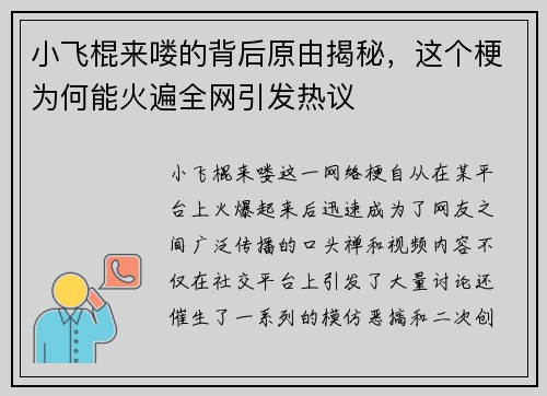 小飞棍来喽的背后原由揭秘，这个梗为何能火遍全网引发热议